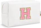 Personalized Chenille Letter Preppy Makeup Bag, Small White Travel Cosmetic Bag Initial Toiletry Zipper Pouch Monogram Makeup Storage, Waterproof Makeup Storage Travel Essentials for Female(Letter H)