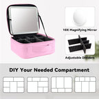 Travel Makeup Bag with LED Mirror and 10x magnifying glass with 3 Lighted Settings, Adjustable Dividers and Makeup Brush Storage Bag Light Pink