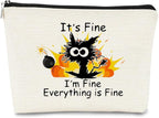 Funny Cat Makeup Bag,Its Fine Im Fine Everythings Fine,Black Cat Cosmetic Bag,Fire Keep Calm Cute Small Pouch,Birthday Gift,Coworker Gifts