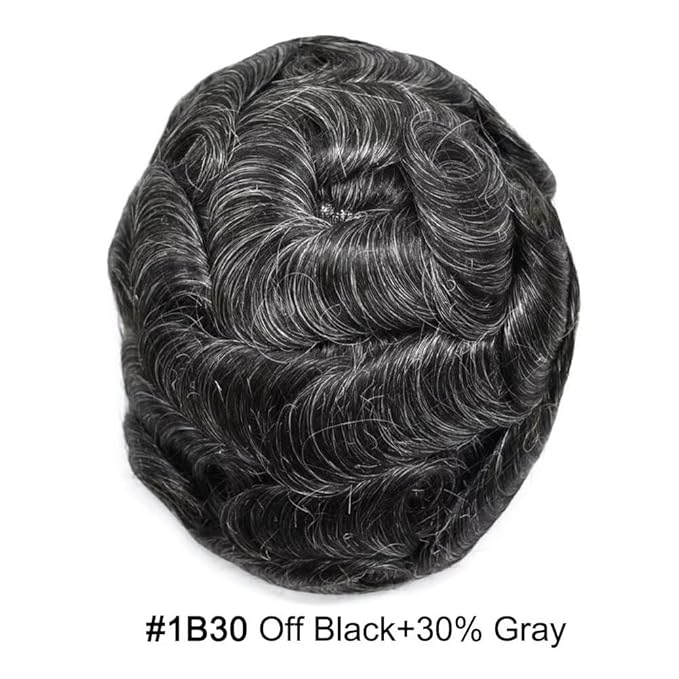 FACE MIRACLE Hair System for Men French Lace Mens Toupee Human Hair Replacement System Lace with PU Toupee for Men Male Hair Piece Wigs 6"X9" #1B30 1B# OFF BLACK WITH 30% SYNTHETIC GREY
