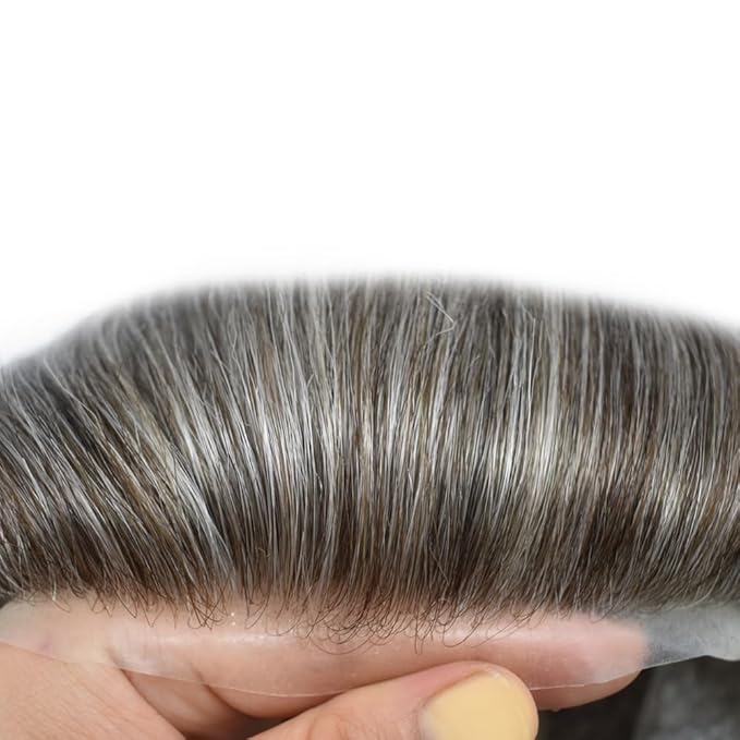 Mens Toupee Human Hair Piece French Lace Toupee for Man Hair System Indian Human Hair Replacement Systems V-Looped PU Front Hairpieces 6"X9" #450 Medium Brown with 50% Gray