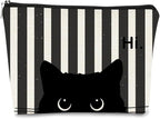 Striped Cat Makeup Bag - Small Cute Cosmetic Bag for Women & Teen Girls - Black Cat Purse Gift for Cat Lovers & Owners