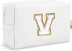 Personalized Initial Preppy Patch Makeup Bag, Travel Toiletry Zipper Pouch Cute White Cosmetic Organizer Small Makeup Bag for Purse, PU Chenill Letter Make Up Bags Gift for Friend Female(Letter V)