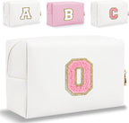 Small Personalized Letter Makeup Bag, Cute PU Leather Chenille Letters Cosmetic Bag Travel Makeup Pouch, Preppy Travel Organizer Zipper Pouch for Women&Girls（WhitePink-O）
