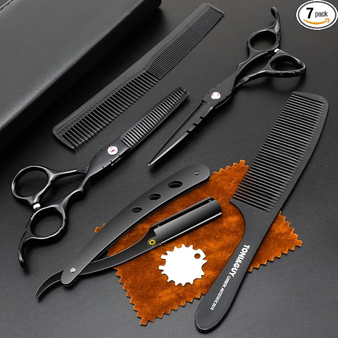 Professional Black Hair Cutting Scissors Sets Stainless Steel Barber Hairdressing Scissors Salon Multifunctional Thinning Scissors Straight Shears Tools for Mother Father Friends' Christmas Gift