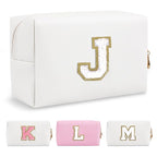Small Personalized Initial A-Z Preppy Patch Makeup Bag,White PU Chenille Letter Travel Cosmetic Pouch with Zipper,Cute Toiletry Bag,Gift Ideal for Teen Girls Women Teacher Bridesmaid,Letter J