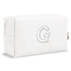 Bride Gifts – Personalized Initial Makeup Bag with Pearl Rhinestone Patch, Preppy White Monogram Cosmetic/Toiletry Pouch, bridesmaid Gifts, Bridal Shower Gifts, Wedding Gifts, Bridal Gifts,G