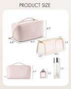 Vlando Makeup Bag,Large Capacity Toiletry Bag for Women Waterproof Portable Make up Pouch PU Leather Open Flat Cosmetic Bag(Light Pink)