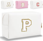 Small Personalized Letter Makeup Bag, Cute PU Leather Chenille Letters Cosmetic Bag Travel Makeup Pouch, Preppy Travel Organizer Zipper Pouch for Women&Girls（White-P）