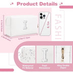 Bride Gifts – Personalized Initial Makeup Bag with Pearl Rhinestone Patch, Preppy White Monogram Cosmetic/Toiletry Pouch, bridesmaid Gifts, Bridal Shower Gifts, Wedding Gifts, Bridal Gifts,I