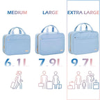 NISHEL Travel Toiletry Bag for women, Portable Hanging Organizer for Family-Sized Shampoo, Conditioner, Brushes Set, Makeup Accessories, Extra Large Size, Placid-Blue