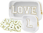 Personalized Travel Makeup Bag Set, 2PCS Toiletry Bag & 26 Chenille Letters, Elegant Skincare Bag, DIY Bridal Shower Gifts for Engagement Wedding (White)