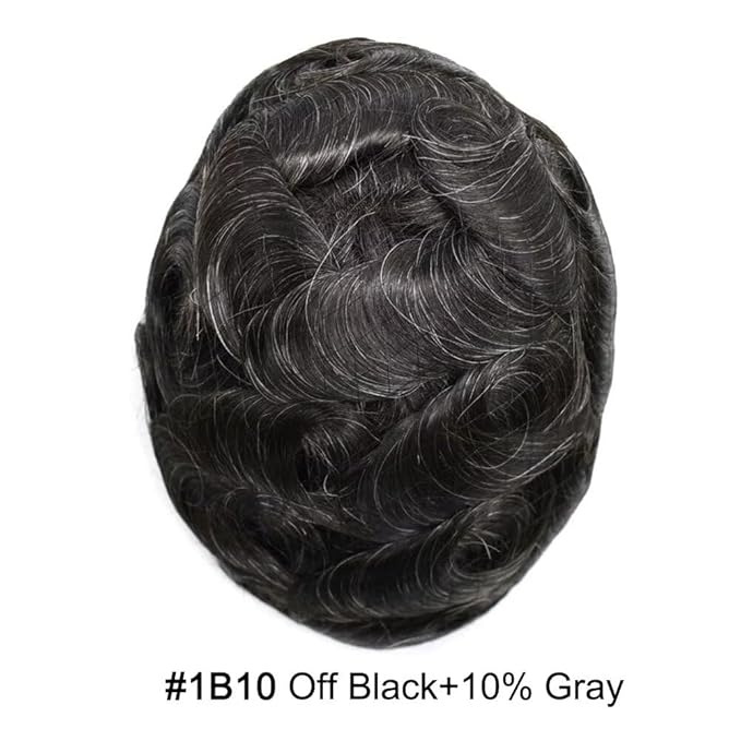FACE MIRACLE Toupee for Men French Lace Hairpiece Human Hair Replacement System Skin PU Mens Toupee Hair Wigs for Man V-Looped Front Hair Prosthesis 6"X9" #1B10 1B# OFF BLACK WITH 10% SYNTHETIC GREY