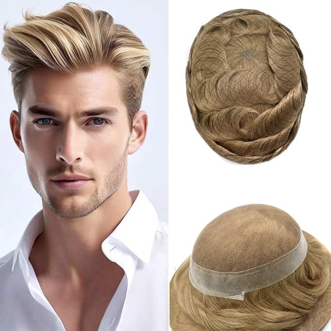 Mens Toupee Human Hair Piece French Lace Toupee for Man Hair System Indian Human Hair Replacement Systems V-Looped PU Front Hairpieces 6"X8" #20 light ash blonde
