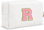 Small Travel Initial Preppy Makeup Bag, Personalized White Cute Cosmetic Organizer Chenille Letter Travel Toiltery Zipper Pouch, Waterproof PU Makeup Storage Gifts for Female Teacher Friend(Letter R)