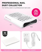 Nail Dust Collector, ECOSI 1600PA Professional Nail Dust Collector, 10-speed Adjustable Suction Nail Fan Dust Collector with Filter Papers (30 Pcs) for Manicure, Salon Nail Tech & Home (White)