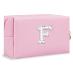 ChaoGreat Bride Gifts – Personalized Initial Makeup Bag with Pearl Rhinestone Patch, Preppy Pink Monogram Cosmetic/Toiletry Pouch, bridesmaid Gifts, Bridal Shower Gifts, Wedding Gifts, Bridal Gifts,F