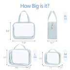 PACKISM Clear Toiletry Bags - 3 Pack Makeup Bags with Handle, Large Opening, Waterproof Cosmetic Bags for Travel Essentials, Grayish Blue