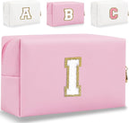 Small Personalized Letter Makeup Bag, Cute PU Leather Chenille Letters Cosmetic Bag Travel Makeup Pouch, Preppy Travel Organizer Zipper Pouch for Women&Girls（Pink-I）