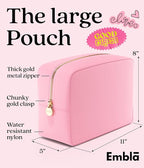 Embla Makeup Bag Travel Cosmetics Pouch and Toiletry Bag, Nylon Zipper Pouch Purse, Cute Make Up Organizer Storage Tote for Women Girls, Travel Skincare Case, Large Makeup Bags, Flamingo Pink