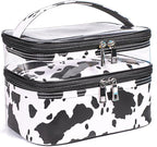 Double-layer Cosmetic Bag Makeup Bag Travel Makeup Bag Makeup Bags for Women Cosmetics Cases Portable Waterproof Foldable (Cow Print)