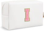 Personalized Small Travel Preppy Makeup Bag, Initial Cute Chenille Letter Cosmetic Organizer Toiletry Pouch, Waterproof Portable PU Monogram Make Up Case Preppy Stuff for Women Friends(Letter I)
