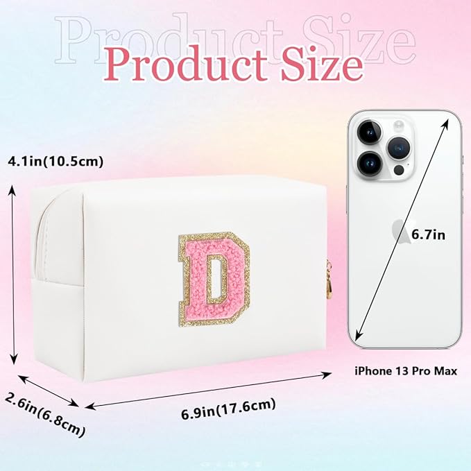 Small Personalized Letter Makeup Bag, Cute PU Leather Chenille Letters Cosmetic Bag Travel Makeup Pouch, Preppy Travel Organizer Zipper Pouch for Women&Girls（WhitePink-D）