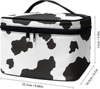 White Black Cow Cowhide Cute Print Portable Makeup Bags for Women Large Capacity Cosmetic Organizer and Storage Pouch with Zipper and Handle Travel Toiletry Accessories