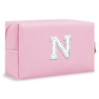 ChaoGreat Bride Gifts – Personalized Initial Makeup Bag with Pearl Rhinestone Patch, Preppy Pink Monogram Cosmetic/Toiletry Pouch, bridesmaid Gifts, Bridal Shower Gifts, Wedding Gifts, Bridal Gifts,N