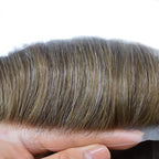 Mens Toupee Human Hair Piece French Lace Toupee for Man Hair System Indian Human Hair Replacement Systems V-Looped PU Front Hairpieces 8"X10" #550 5# MEDIUM LIGHT BROWN WITH 50% SYNTHETIC GREY