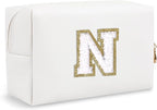 Chenille Letter Personalized Initial Preppy Makeup Bag, Small Travel Cute White Cosmetic Zipper Pouch Toiletry Bags, Waterproof PU Monogram Make Up Organizer Gift for Nieces Mom Teacher(Letter N)