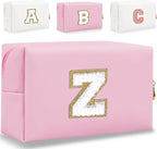 Small Personalized Letter Makeup Bag, Cute PU Leather Chenille Letters Cosmetic Bag Travel Makeup Pouch, Preppy Travel Organizer Zipper Pouch for Women&Girls（Pink-Z）