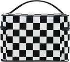 Makeup Train Case White Black Checkered Plaid Carrying Portable Zip Travel Cosmetic Brush Bag Organizer Large for Women
