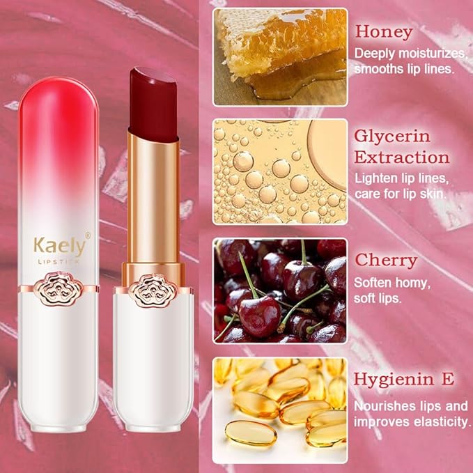 BINGBRUSH Peach Color Changing Lipstick,Moisturizer Long Lasting Lip Care Lip Balm Magic Lip Gloss Lip Tint Stain Gloss Set for Women (3Pcs Peach+Strawberry+ Red Cherries Lipstick)