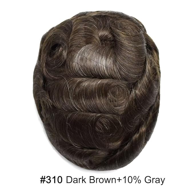 FACE MIRACLE Toupee for Men Lace Center Mens Toupee Hairpiece for Man Human Hair Replacement System Lace Center with Poly around Hair Units Mens Wig Hair Prosthesis 6"X8" #310 Dark Brown with 10% Gray