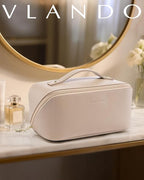 Vlando Makeup Bag,Large Capacity Travel Toiletry Bag,Cosmetic Bags for Women PU Leather Waterproof Portable Pouch with Divider & Handle-Toffee