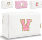 Small Personalized Letter Makeup Bag, Cute PU Leather Chenille Letters Cosmetic Bag Travel Makeup Pouch, Preppy Travel Organizer Zipper Pouch for Women&Girls（WhitePink-V）