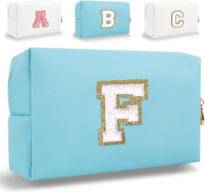 Small Personalized Letter Makeup Bag, Cute PU Leather Chenille Letters Cosmetic Bag Travel Makeup Pouch, Preppy Travel Organizer Zipper Pouch for Women&Girls（Blue-F）
