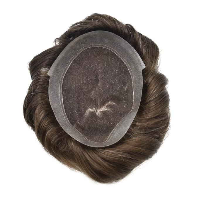 FACE MIRACLE Toupee for Men French Lace Hairpiece Human Hair Replacement System Skin PU Mens Toupee Hair Wigs for Man V-Looped Front Hair Prosthesis 6"X9" #310 Dark Brown with 10% Gray