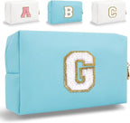 Small Personalized Letter Makeup Bag, Cute PU Leather Chenille Letters Cosmetic Bag Travel Makeup Pouch, Preppy Travel Organizer Zipper Pouch for Women&Girls（Blue-G）