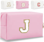 Small Personalized Letter Makeup Bag, Cute PU Leather Chenille Letters Cosmetic Bag Travel Makeup Pouch, Preppy Travel Organizer Zipper Pouch for Women&Girls（Pink-J）