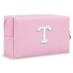 ChaoGreat Bride Gifts – Personalized Initial Makeup Bag with Pearl Rhinestone Patch, Preppy Pink Monogram Cosmetic/Toiletry Pouch, bridesmaid Gifts, Bridal Shower Gifts, Wedding Gifts, Bridal Gifts,T