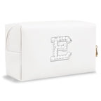 Bride Gifts – Personalized Initial Makeup Bag with Pearl Rhinestone Patch, Preppy White Monogram Cosmetic/Toiletry Pouch, bridesmaid Gifts, Bridal Shower Gifts, Wedding Gifts, Bridal Gifts,E