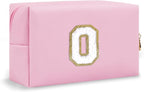 Small Initial Preppy Makeup Bag, Personalized Pink Cute Cosmetic Zipper Pouch Toiletry Bags for Traveling, Waterproof Chenille Letter Makeup Case Organizer Travel Essentials for Women Female(Letter O)