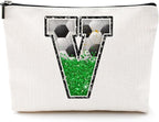 Soccer Gifts Initial Makeup Bag Monogrammed Cosmetic Bag Letter V Zipper Pouch Soccer Accessories for Girls Women Soccer Player Coach Friend Soccer Stuff Graduation Birthday Gifts