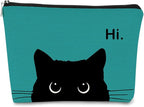 Cat Makeup Bag - Cute Cosmetic Pouch for Cat Lovers, Black Kitty Design, Hi Kitty Gift for Women (Bluish Blue, Beige)