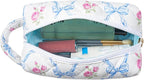 Makeup Bag Travel Cosmetic Bag for Women, Zipper Make Up Pouch, Floral Flowers Toiletry Organizer Makeup with Handle, Cosmetic Travel Cloth Bag (Blue Bowknot)