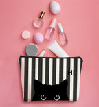 Striped Cat Makeup Bag - Small Cute Cosmetic Bag for Women & Teen Girls - Black Cat Purse Gift for Cat Lovers & Owners