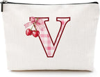 Initial Makeup Bag Monogram Cosmetic Bag Monogrammed Gifts for Women Girls Friends Coworker Teacher Personalized Travel Toiletry Bag Christmas Bridal Shower Wedding Bridesmaid Gifts, Cherry V
