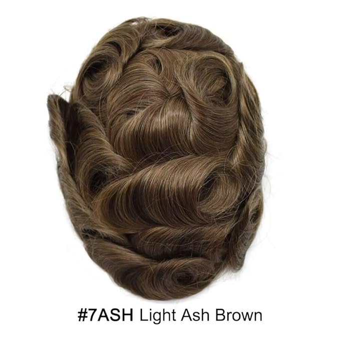 FACE MIRACLE Toupee for Men Lace Center Mens Toupee Hairpiece for Man Human Hair Replacement System Lace Center with Poly around Hair Units Mens Wig Hair Prosthesis 6"X8" 7ASH Light Ash Brown